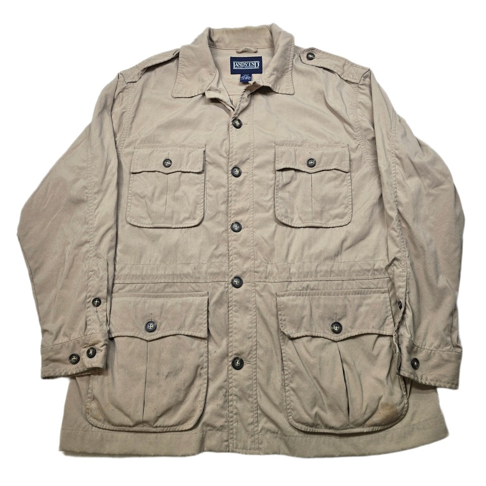Vintage Lands‎ End Safari Field Jacket Mens Large Tan Multiple Pockets Work